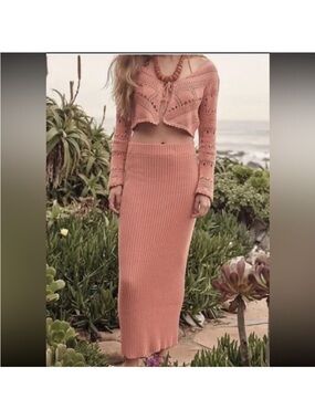 Free People FP Beach Fauxchet Ribbed Maxi Skirt Pink Coral Sz S